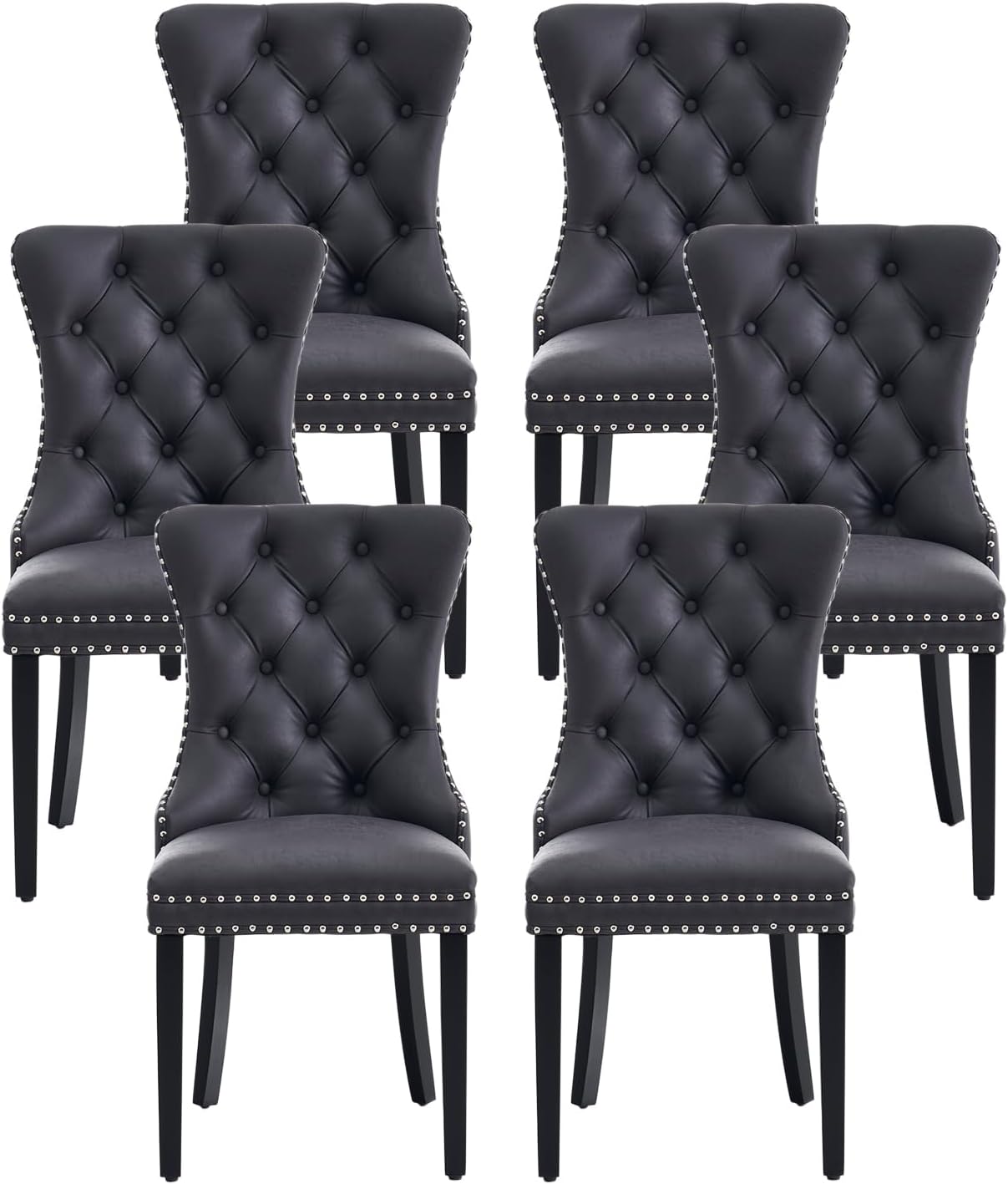 Kiztir Leather Dining Chairs Set of 6, Upholstered Dining Room Chair with Nailhead Trim and Solid Wood Legs, Luxury Wingback Dining Side Chair for Living Room, Bedroom, Kitchen (Beige)