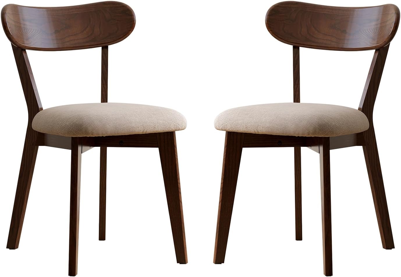 100% Solid Oak Dining Chairs, Mid Century Modern Dining Chair with Curved Backrest, Fabric Upholstered Dining Chairs for Kitchen, Study, Living Room (4, Original Wood-Pear White Cushion)