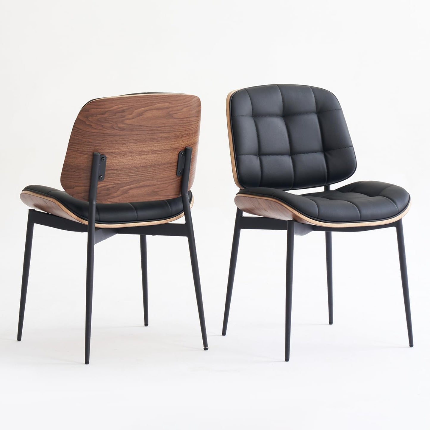 Mid Century Modern Dining Chairs with Walnut Grain Back, Brown Faux Leather Dining Room Chairs Set of 4, Checkered Soft Cushion Kitchen Chairs with Adjustable Foot Pads