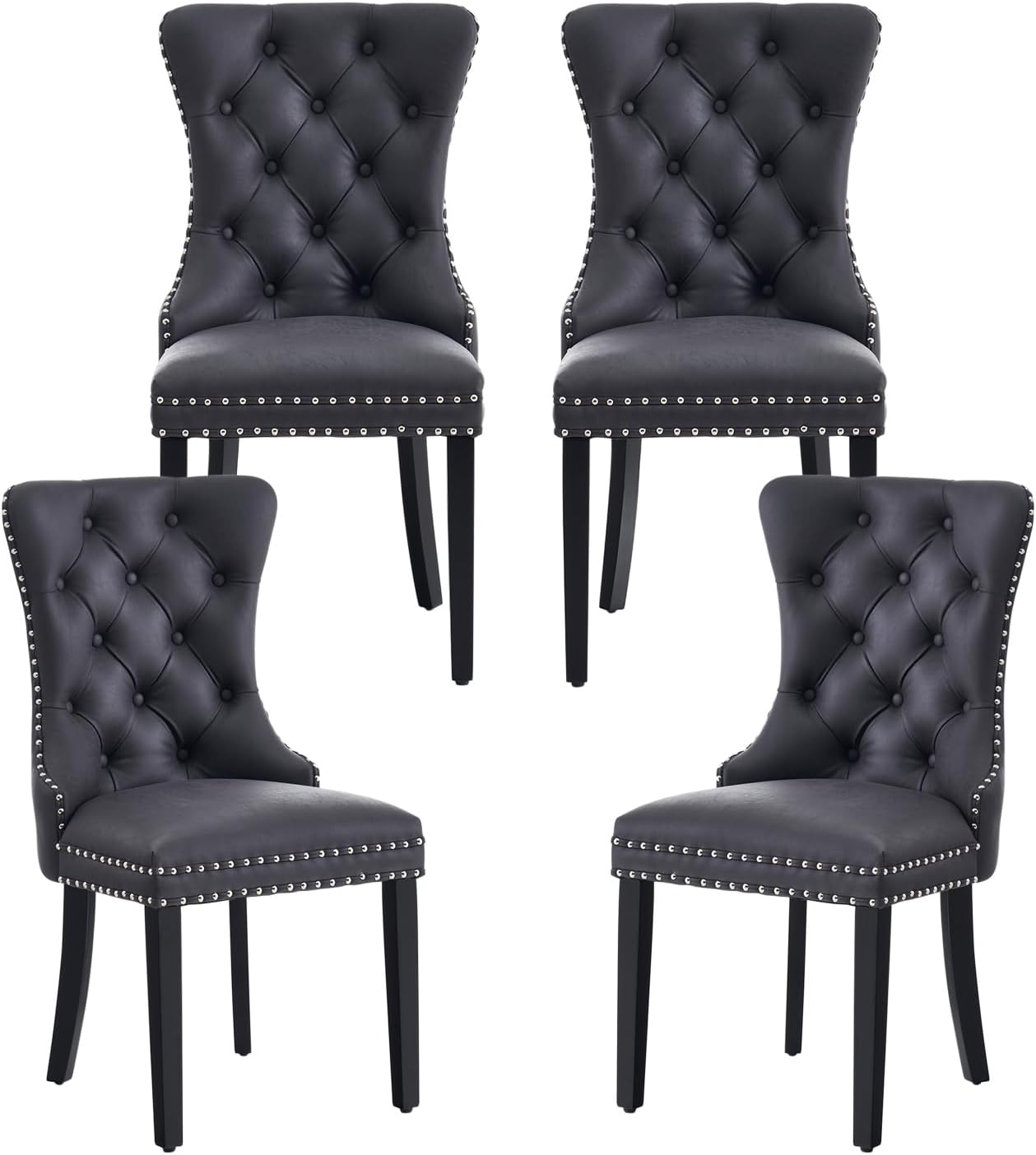Kiztir Leather Dining Chairs Set of 6, Upholstered Dining Room Chair with Nailhead Trim and Solid Wood Legs, Luxury Wingback Dining Side Chair for Living Room, Bedroom, Kitchen (Beige)