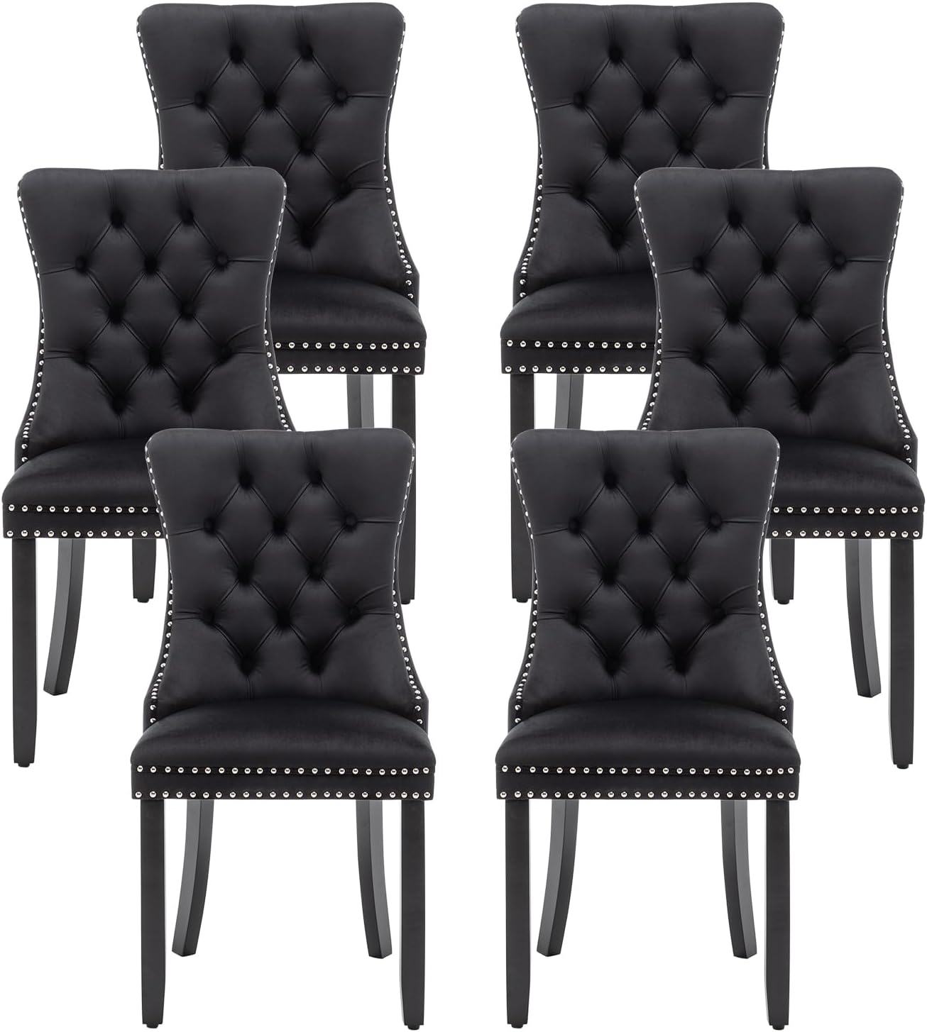 Kiztir Leather Dining Chairs Set of 6, Upholstered Dining Room Chair with Nailhead Trim and Solid Wood Legs, Luxury Wingback Dining Side Chair for Living Room, Bedroom, Kitchen (Beige)