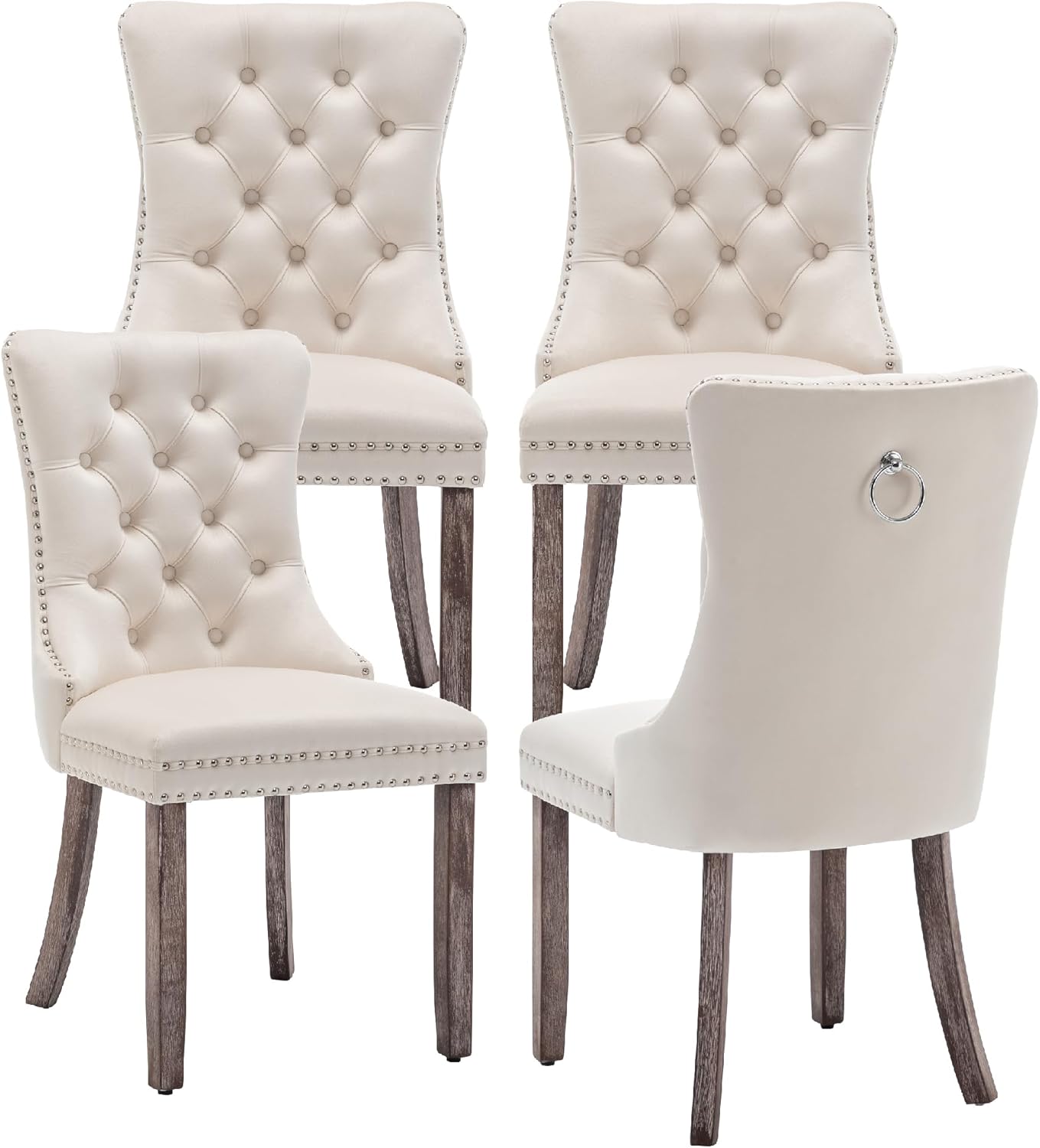 Kiztir Leather Dining Chairs Set of 6, Upholstered Dining Room Chair with Nailhead Trim and Solid Wood Legs, Luxury Wingback Dining Side Chair for Living Room, Bedroom, Kitchen (Beige)