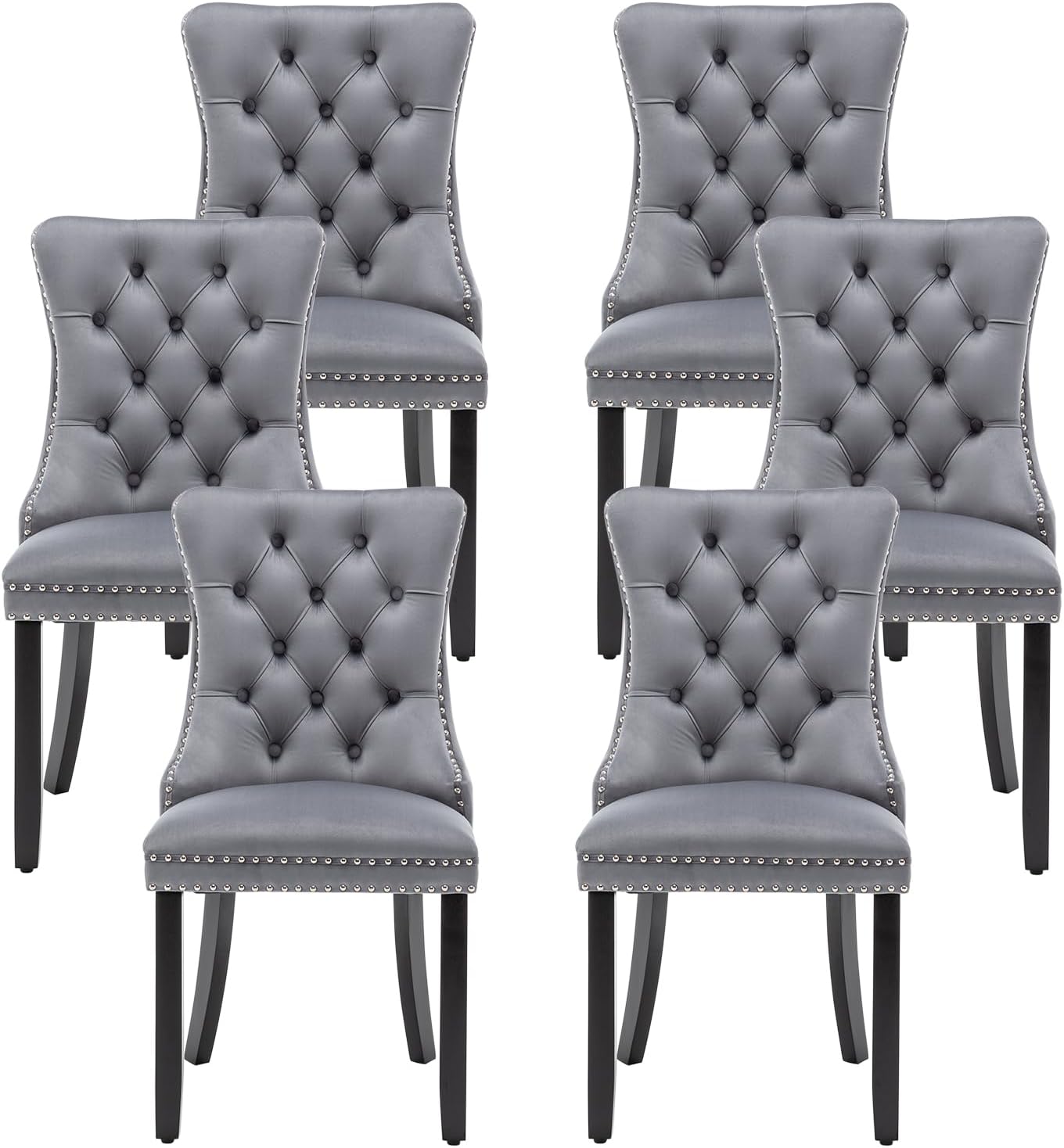 Kiztir Leather Dining Chairs Set of 6, Upholstered Dining Room Chair with Nailhead Trim and Solid Wood Legs, Luxury Wingback Dining Side Chair for Living Room, Bedroom, Kitchen (Beige)