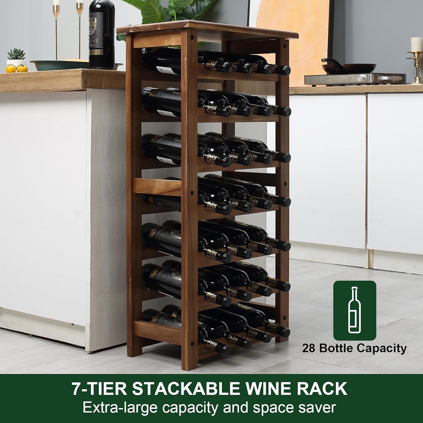 everous Wooden Wine Rack, 7 Tire Floor Wine Storage Rack, 28 Bottles Holder, Free Standing Display Rack for Kitchen, Pantry, Cellar, Natural Free Standing Floor Wine Rack