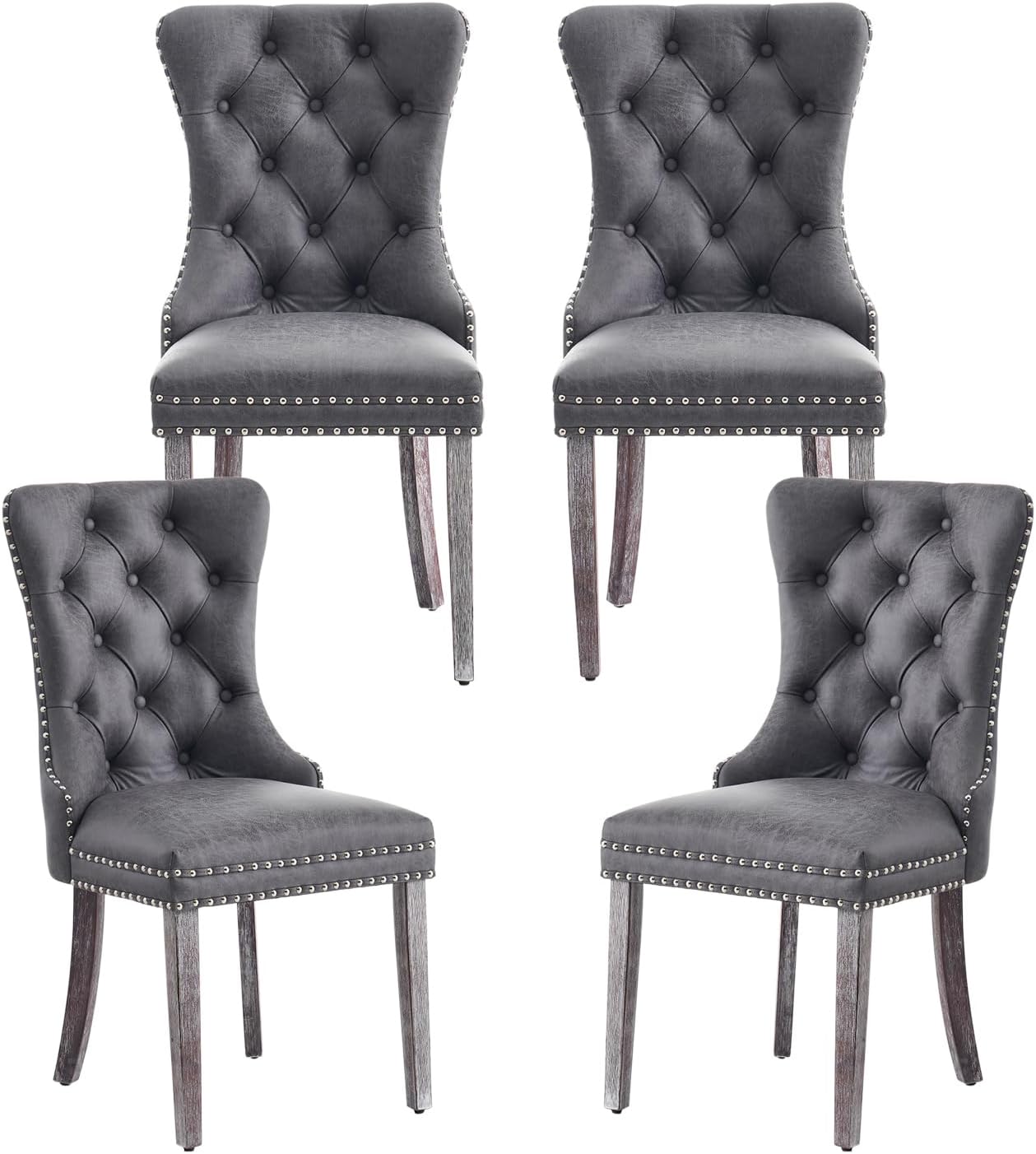 Kiztir Leather Dining Chairs Set of 6, Upholstered Dining Room Chair with Nailhead Trim and Solid Wood Legs, Luxury Wingback Dining Side Chair for Living Room, Bedroom, Kitchen (Beige)