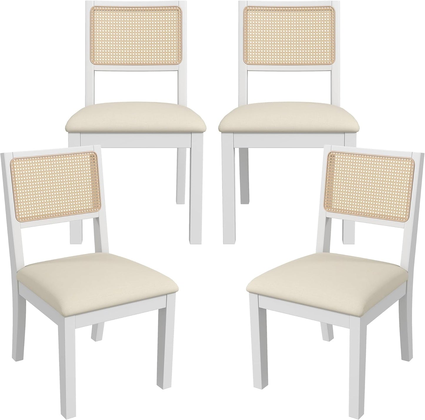Westice Rattan Dining Chairs Set of 4, Farmhouse Natural Dining Room Chairs with Upholstered Cushion, Wood Armless Chairs for Kitchen/Restaurant