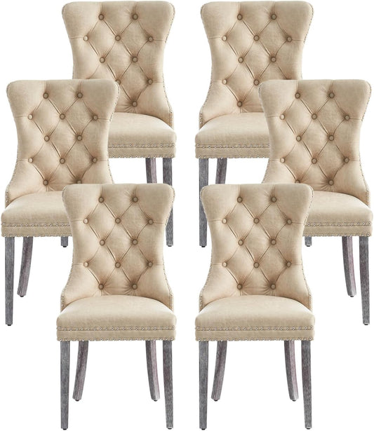 Kiztir Leather Dining Chairs Set of 6, Upholstered Dining Room Chair with Nailhead Trim and Solid Wood Legs, Luxury Wingback Dining Side Chair for Living Room, Bedroom, Kitchen (Beige)