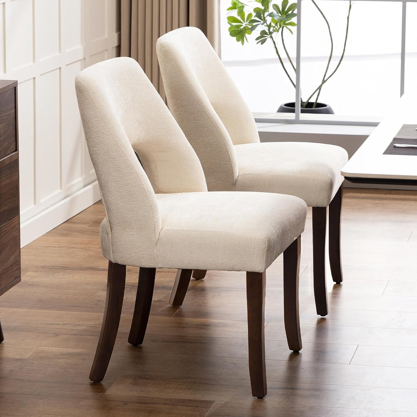 Wooden Dining Chairs Set of 4, Modern Fabric Upholstered Kitchen and Dining Room Chairs, Farmhouse Dining Chair with Solid Wood Legs, Beige