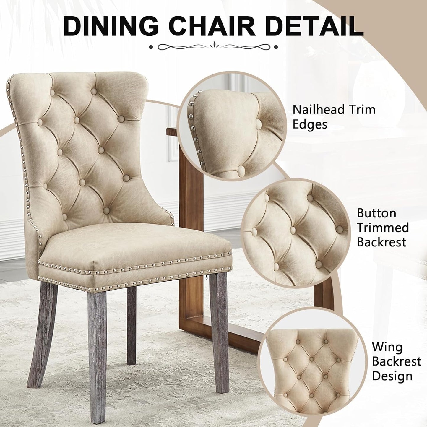 Kiztir Leather Dining Chairs Set of 6, Upholstered Dining Room Chair with Nailhead Trim and Solid Wood Legs, Luxury Wingback Dining Side Chair for Living Room, Bedroom, Kitchen (Beige)