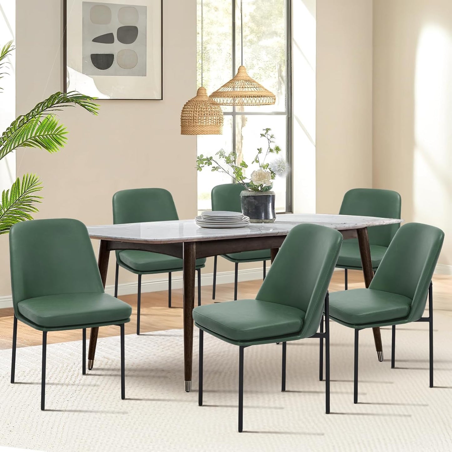 COLAMY Modern Dining Chairs Set of 6, Faux Leather Upholstered Dining Room Chairs Kitchen Chairs Dinner Chair with Curved Back and Metal Legs, Brown
