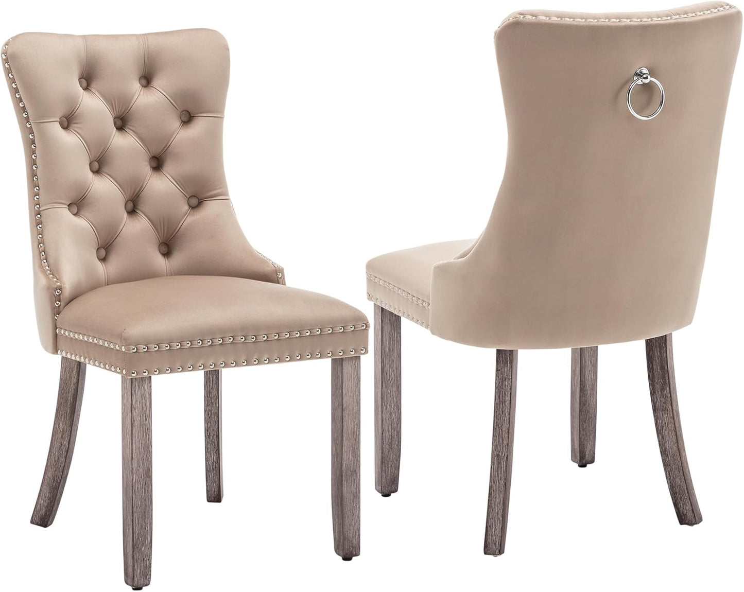 Kiztir Leather Dining Chairs Set of 6, Upholstered Dining Room Chair with Nailhead Trim and Solid Wood Legs, Luxury Wingback Dining Side Chair for Living Room, Bedroom, Kitchen (Beige)