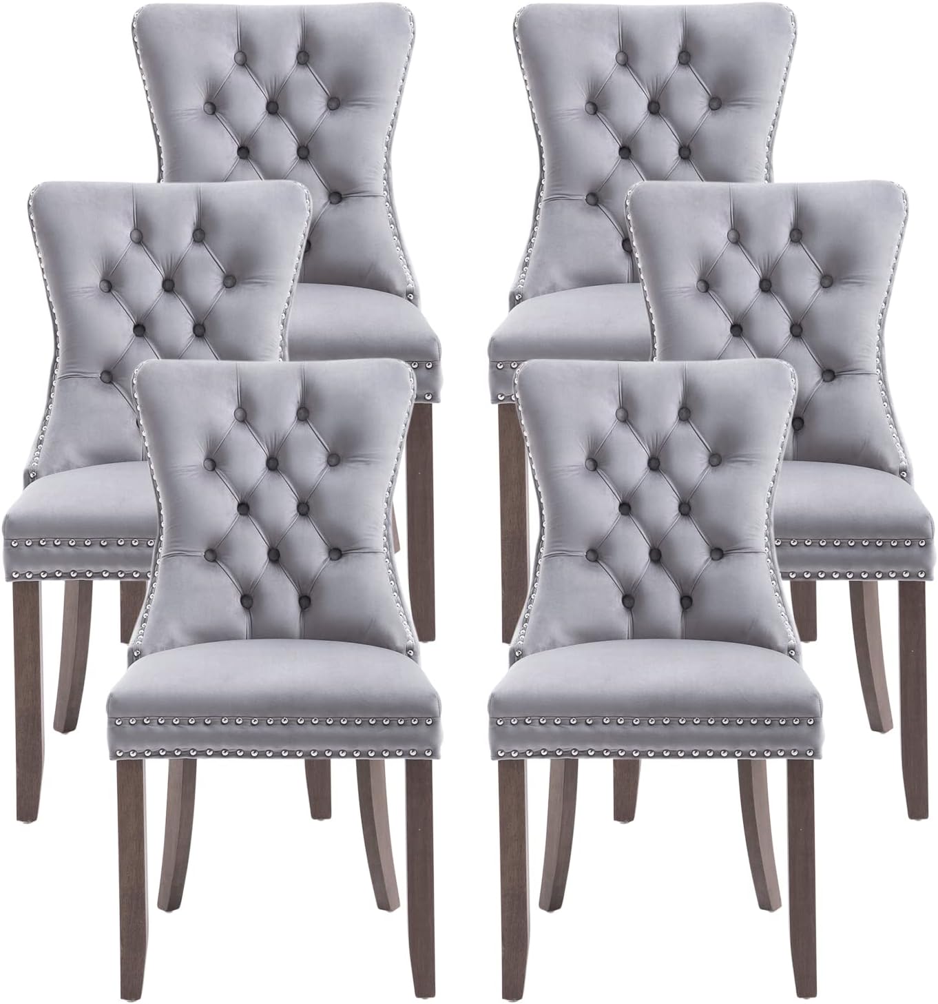 Kiztir Leather Dining Chairs Set of 6, Upholstered Dining Room Chair with Nailhead Trim and Solid Wood Legs, Luxury Wingback Dining Side Chair for Living Room, Bedroom, Kitchen (Beige)