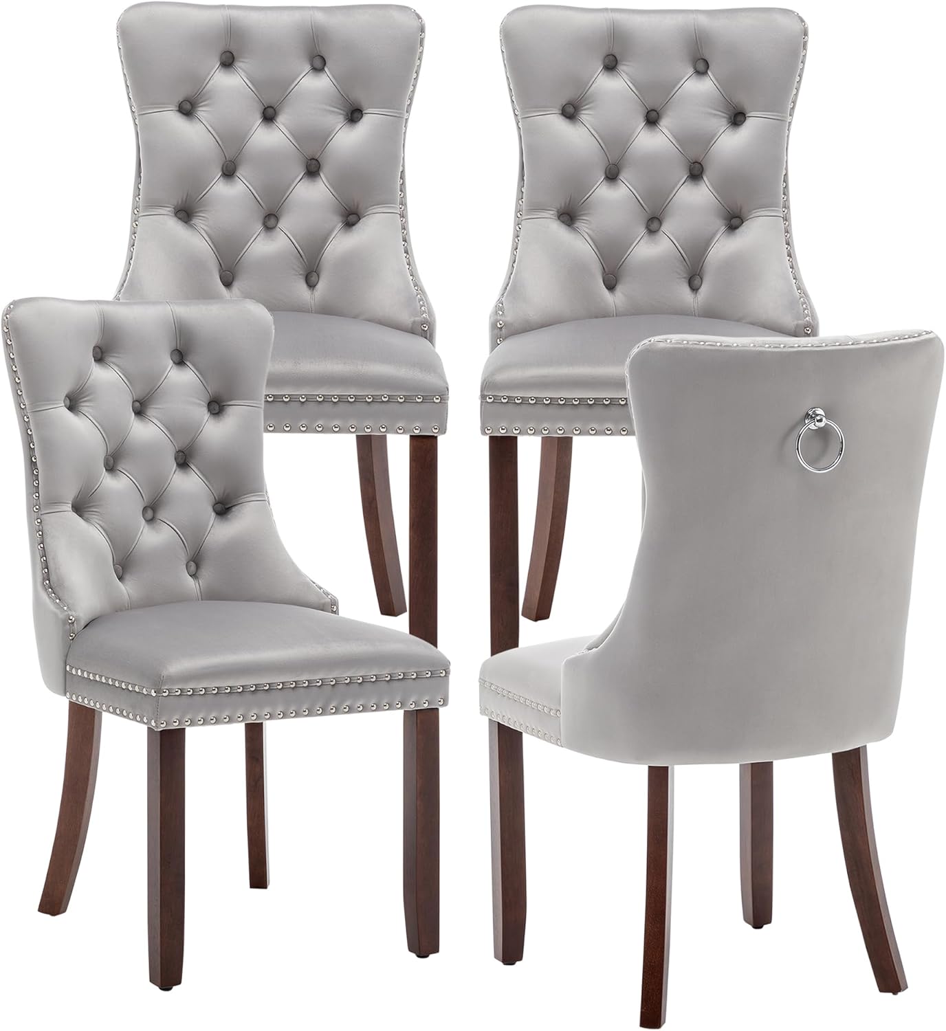 Kiztir Leather Dining Chairs Set of 6, Upholstered Dining Room Chair with Nailhead Trim and Solid Wood Legs, Luxury Wingback Dining Side Chair for Living Room, Bedroom, Kitchen (Beige)