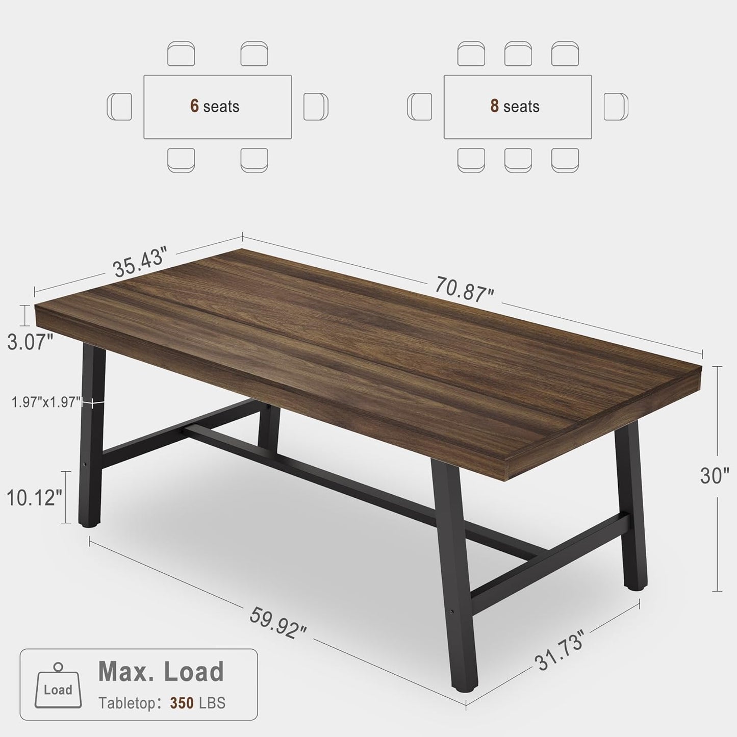 GarveeHome Industrial Dining Table for 6-8 People, 70.87" Long Wooden Kitchen Table with Sturdy Metal Frame & Rustic Brown Finish (Brown, 70.87" Long)