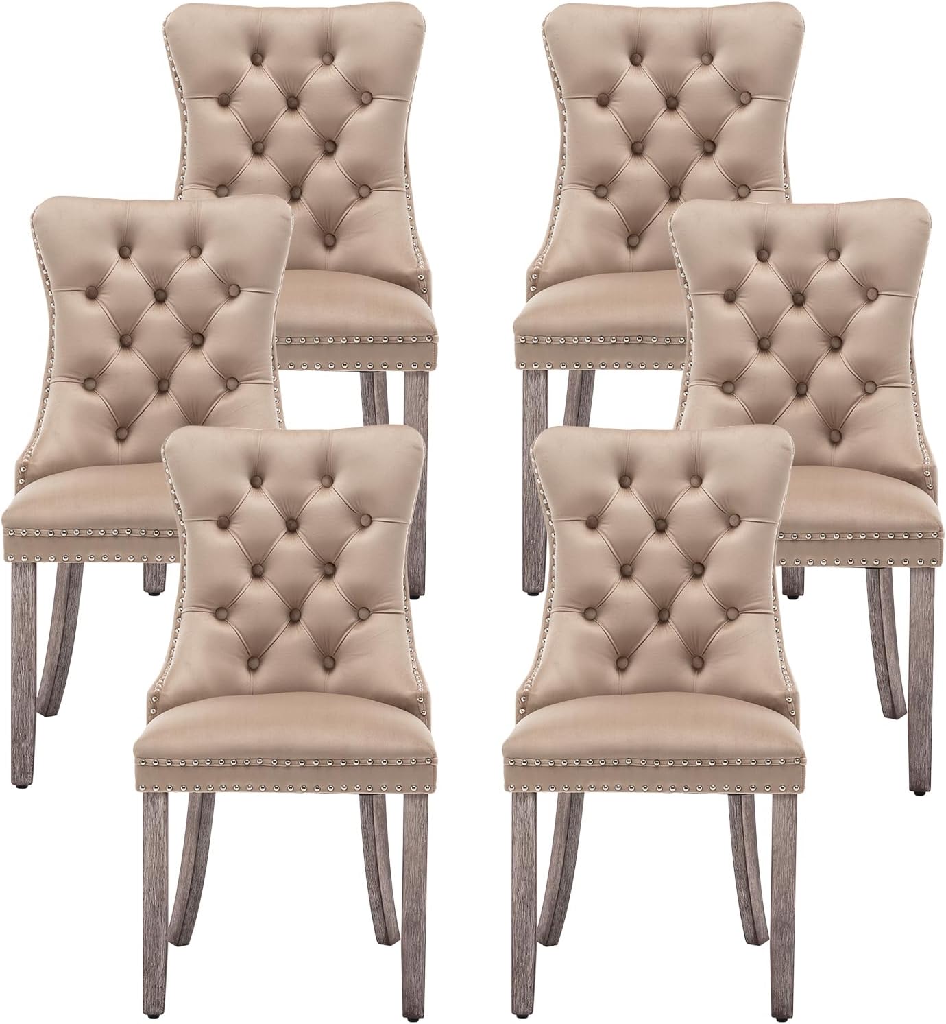 Kiztir Leather Dining Chairs Set of 6, Upholstered Dining Room Chair with Nailhead Trim and Solid Wood Legs, Luxury Wingback Dining Side Chair for Living Room, Bedroom, Kitchen (Beige)