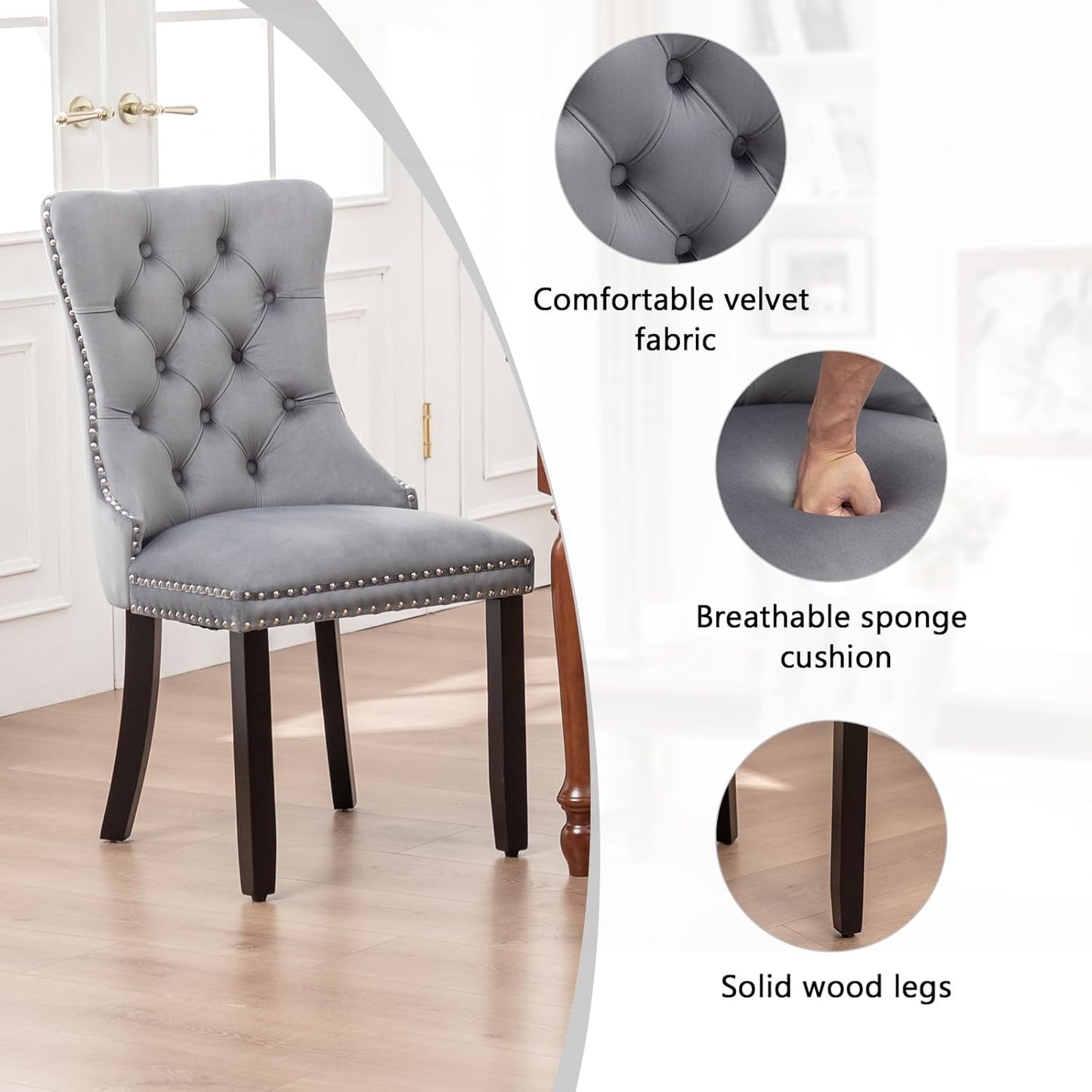 Velvet Dining Chairs Set of 6,Upholstered Dining Chairs with Ring Pull Trim and Button Back,Modern Seating for Kitchen, Bedroom & Living Room(Grey)