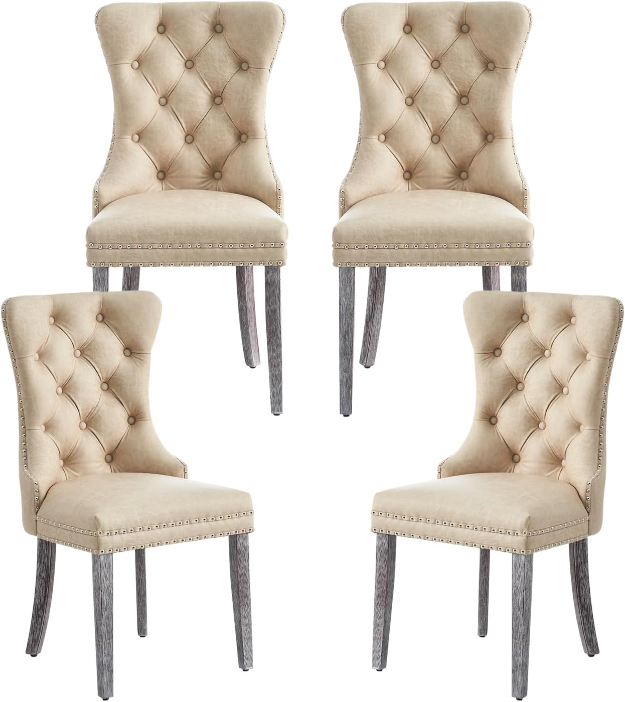 Kiztir Leather Dining Chairs Set of 6, Upholstered Dining Room Chair with Nailhead Trim and Solid Wood Legs, Luxury Wingback Dining Side Chair for Living Room, Bedroom, Kitchen (Beige)