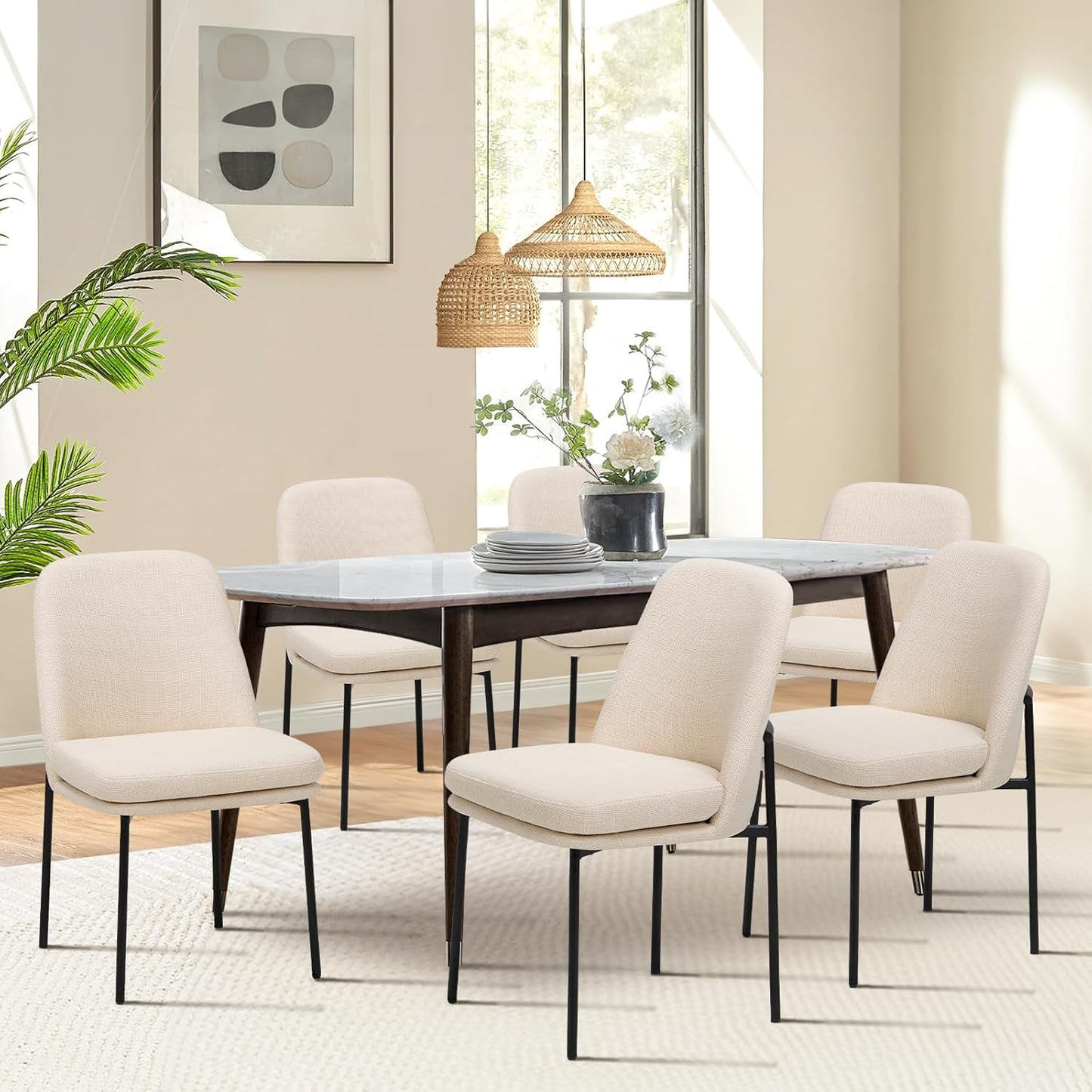 COLAMY Modern Dining Chairs Set of 6, Faux Leather Upholstered Dining Room Chairs Kitchen Chairs Dinner Chair with Curved Back and Metal Legs, Brown