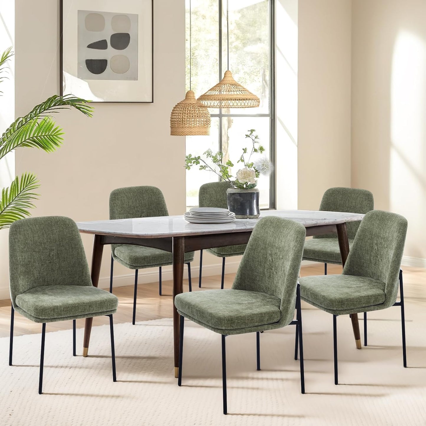 COLAMY Modern Dining Chairs Set of 6, Faux Leather Upholstered Dining Room Chairs Kitchen Chairs Dinner Chair with Curved Back and Metal Legs, Brown