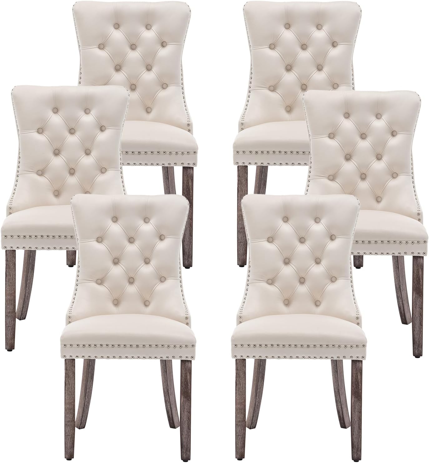 Kiztir Leather Dining Chairs Set of 6, Upholstered Dining Room Chair with Nailhead Trim and Solid Wood Legs, Luxury Wingback Dining Side Chair for Living Room, Bedroom, Kitchen (Beige)