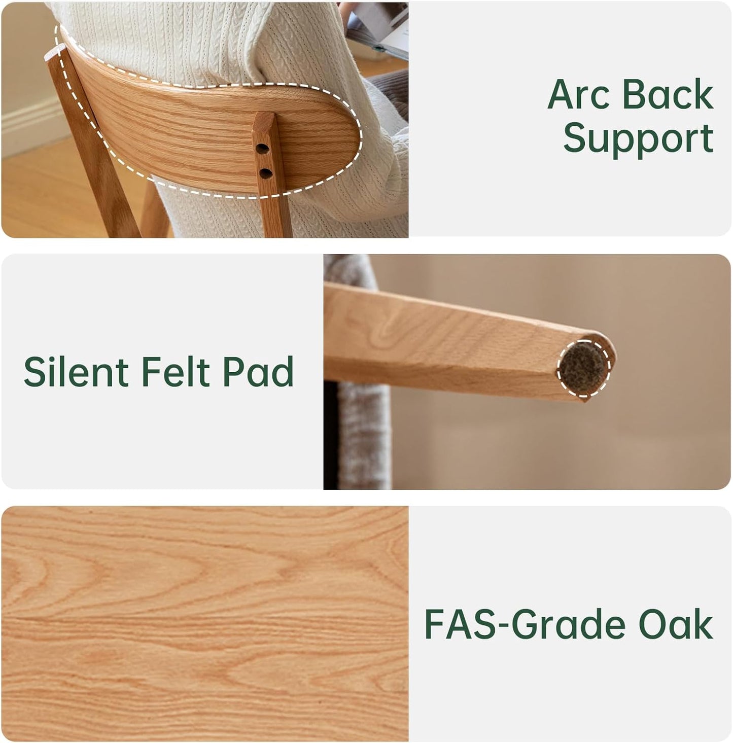 100% Solid Oak Dining Chairs, Mid Century Modern Dining Chair with Curved Backrest, Fabric Upholstered Dining Chairs for Kitchen, Study, Living Room (4, Original Wood-Pear White Cushion)