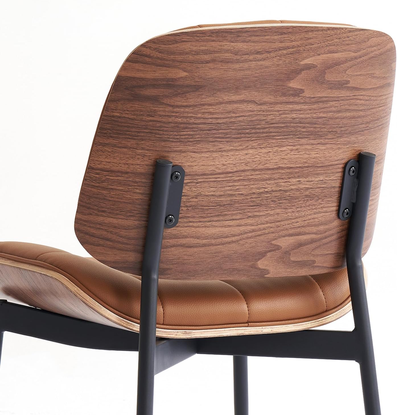 Mid Century Modern Dining Chairs with Walnut Grain Back, Brown Faux Leather Dining Room Chairs Set of 4, Checkered Soft Cushion Kitchen Chairs with Adjustable Foot Pads