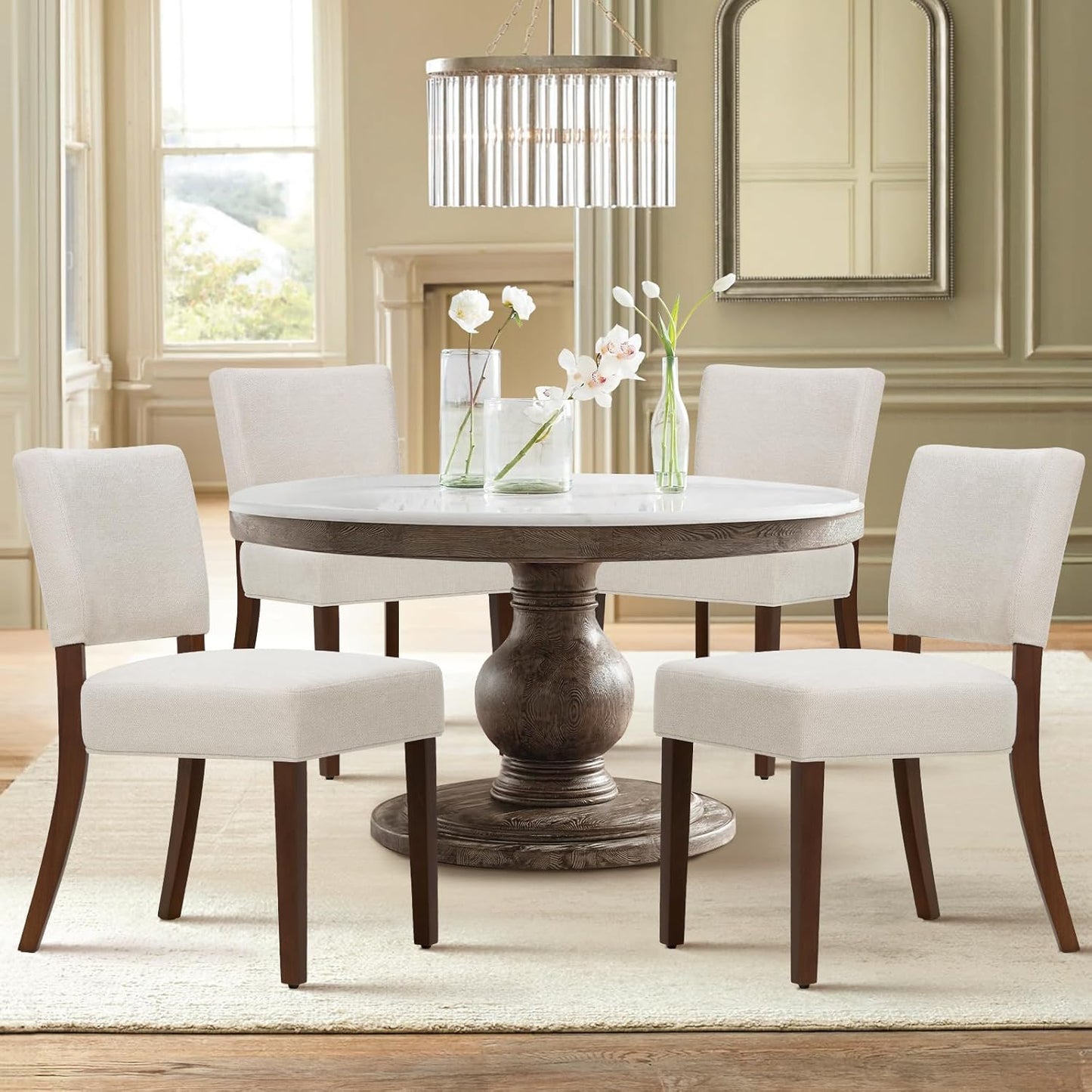 COLAMY Upholstered Dining Chairs Set of 6, Modern Kitchen Chairs with Back, Farmhouse Fabric Side Dining Room Chairs with Wood Legs for Dining Room Kitchen Restaurant, Beige