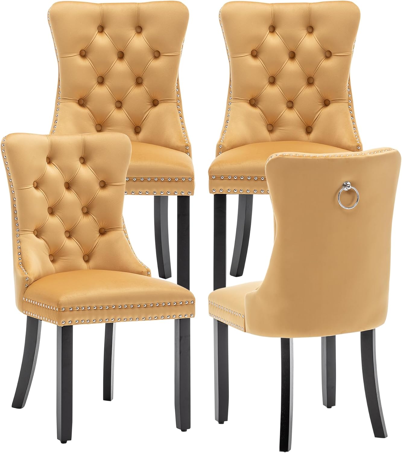 Kiztir Leather Dining Chairs Set of 6, Upholstered Dining Room Chair with Nailhead Trim and Solid Wood Legs, Luxury Wingback Dining Side Chair for Living Room, Bedroom, Kitchen (Beige)