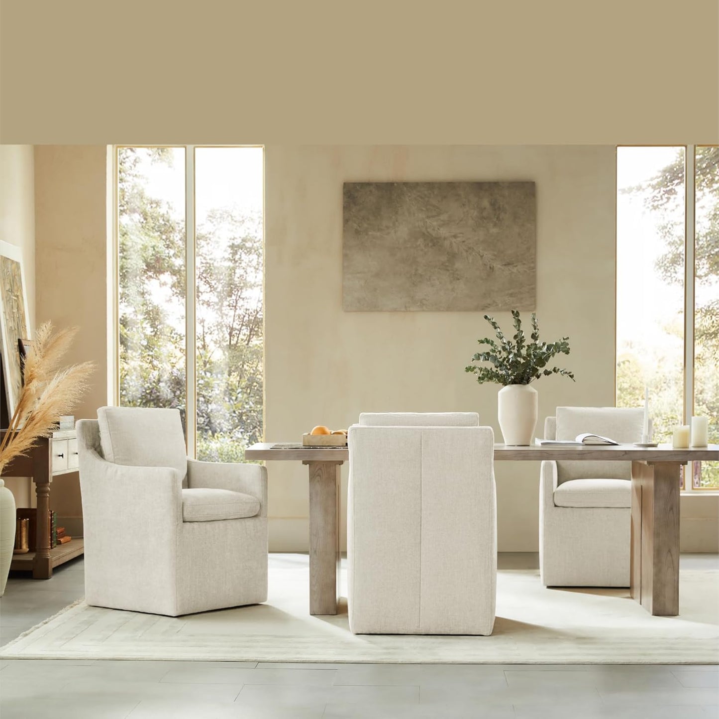Upholstered Dining Chairs with Casters No Assembly Modern Accent Armchair with Rollers for Diningroom Bedroom Livingroom Reading Room,Cream,2 Boxs