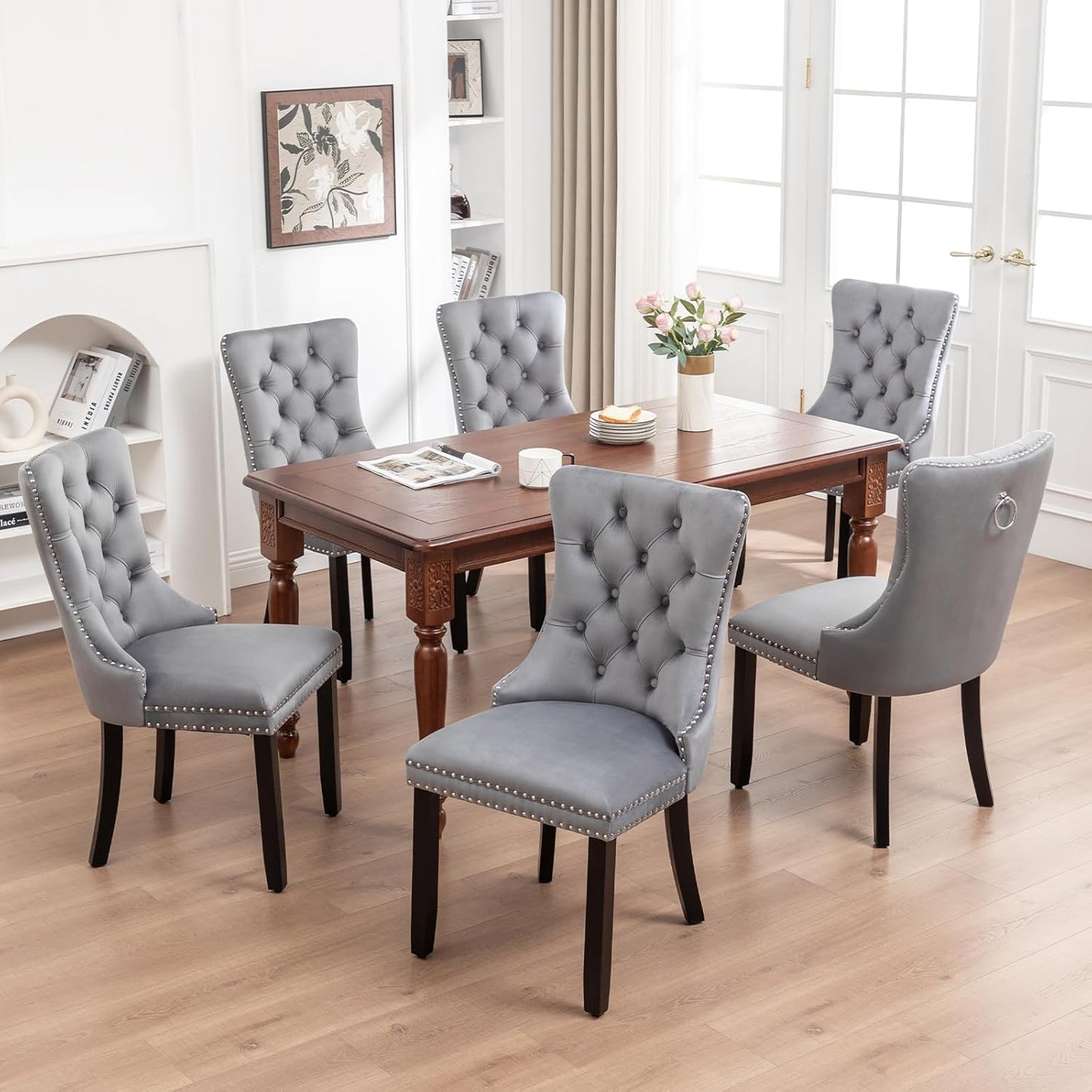 Velvet Dining Chairs Set of 6,Upholstered Dining Chairs with Ring Pull Trim and Button Back,Modern Seating for Kitchen, Bedroom & Living Room(Grey)