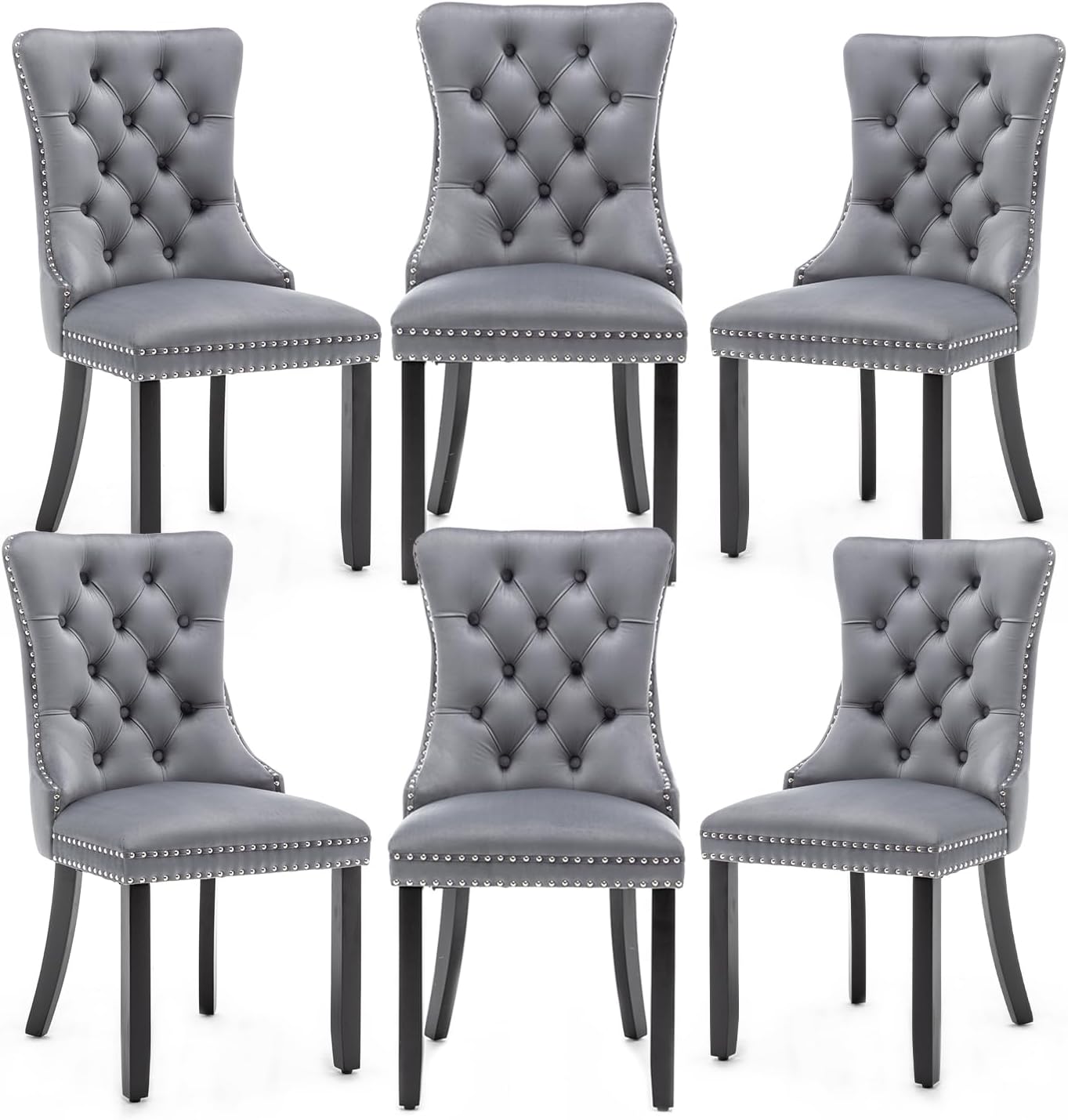 Velvet Dining Chairs Set of 6,Upholstered Dining Chairs with Ring Pull Trim and Button Back,Modern Seating for Kitchen, Bedroom & Living Room(Grey)