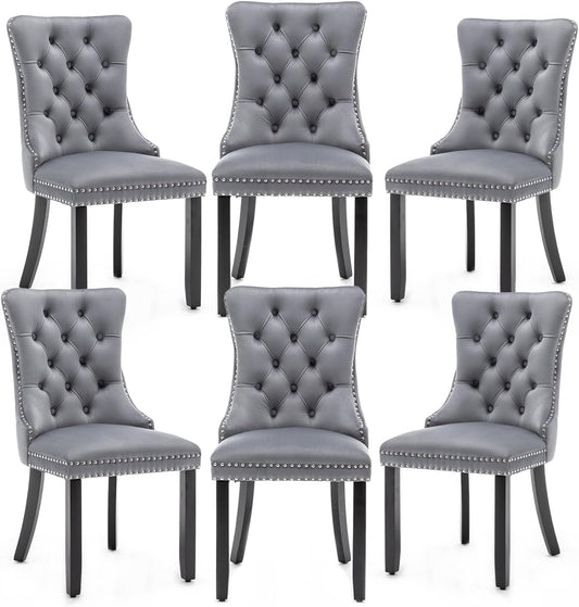 Velvet Dining Chairs Set of 6,Upholstered Dining Chairs with Ring Pull Trim and Button Back,Modern Seating for Kitchen, Bedroom & Living Room(Grey)