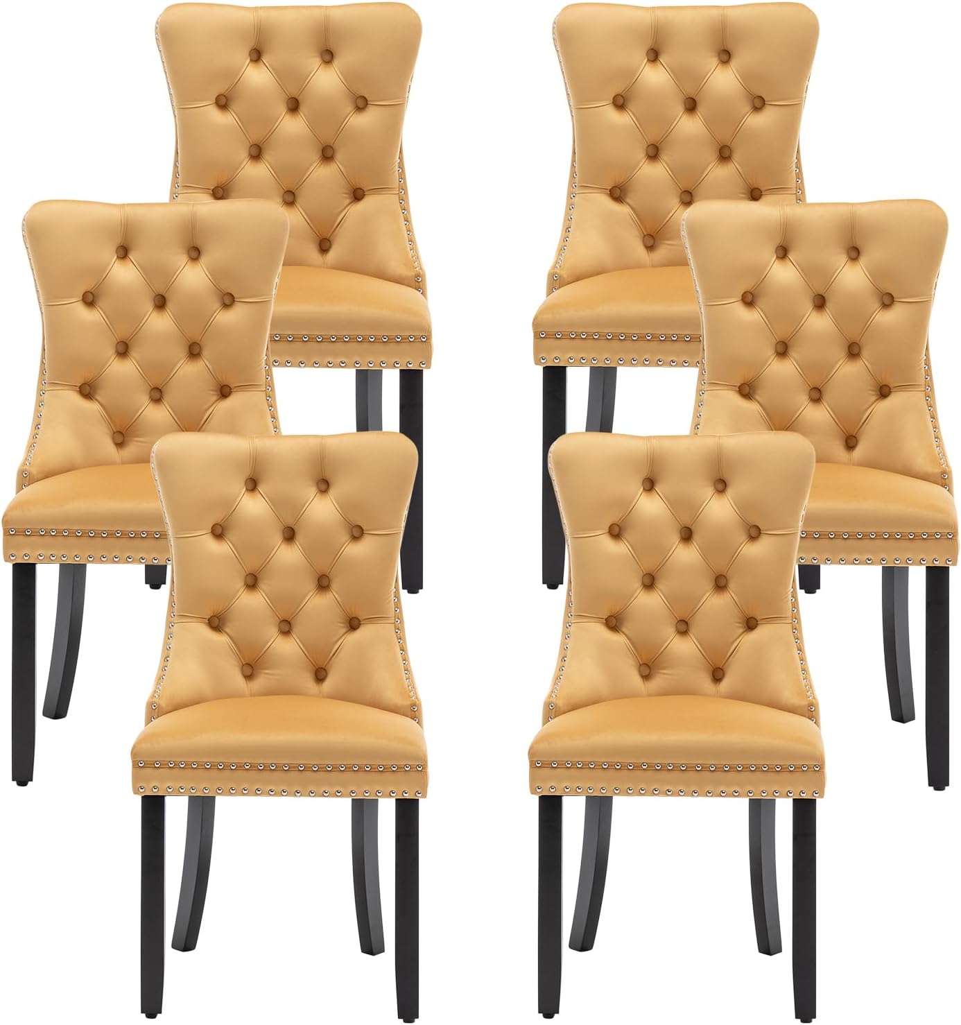 Kiztir Leather Dining Chairs Set of 6, Upholstered Dining Room Chair with Nailhead Trim and Solid Wood Legs, Luxury Wingback Dining Side Chair for Living Room, Bedroom, Kitchen (Beige)