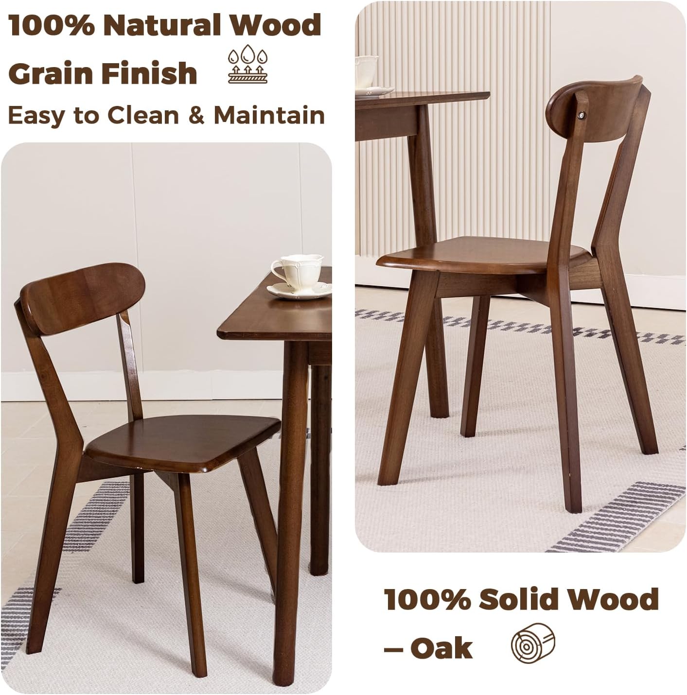 DELAVIN Soild Wood Dining Chairs Set of 6, Mid Century Oak Wood Kitchen Chairs, Vintage Dining Room Chairs Set Suitable for Kitchen, Walnut
