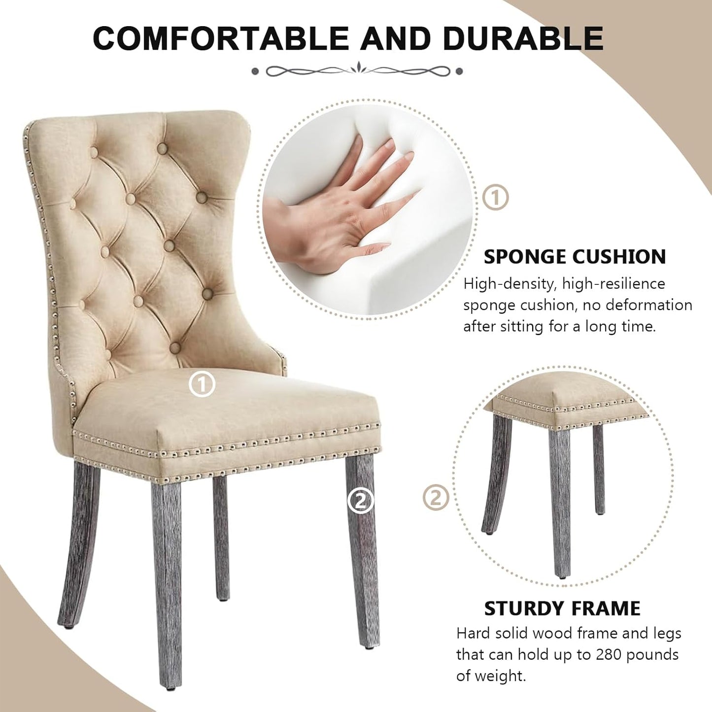 Kiztir Leather Dining Chairs Set of 6, Upholstered Dining Room Chair with Nailhead Trim and Solid Wood Legs, Luxury Wingback Dining Side Chair for Living Room, Bedroom, Kitchen (Beige)
