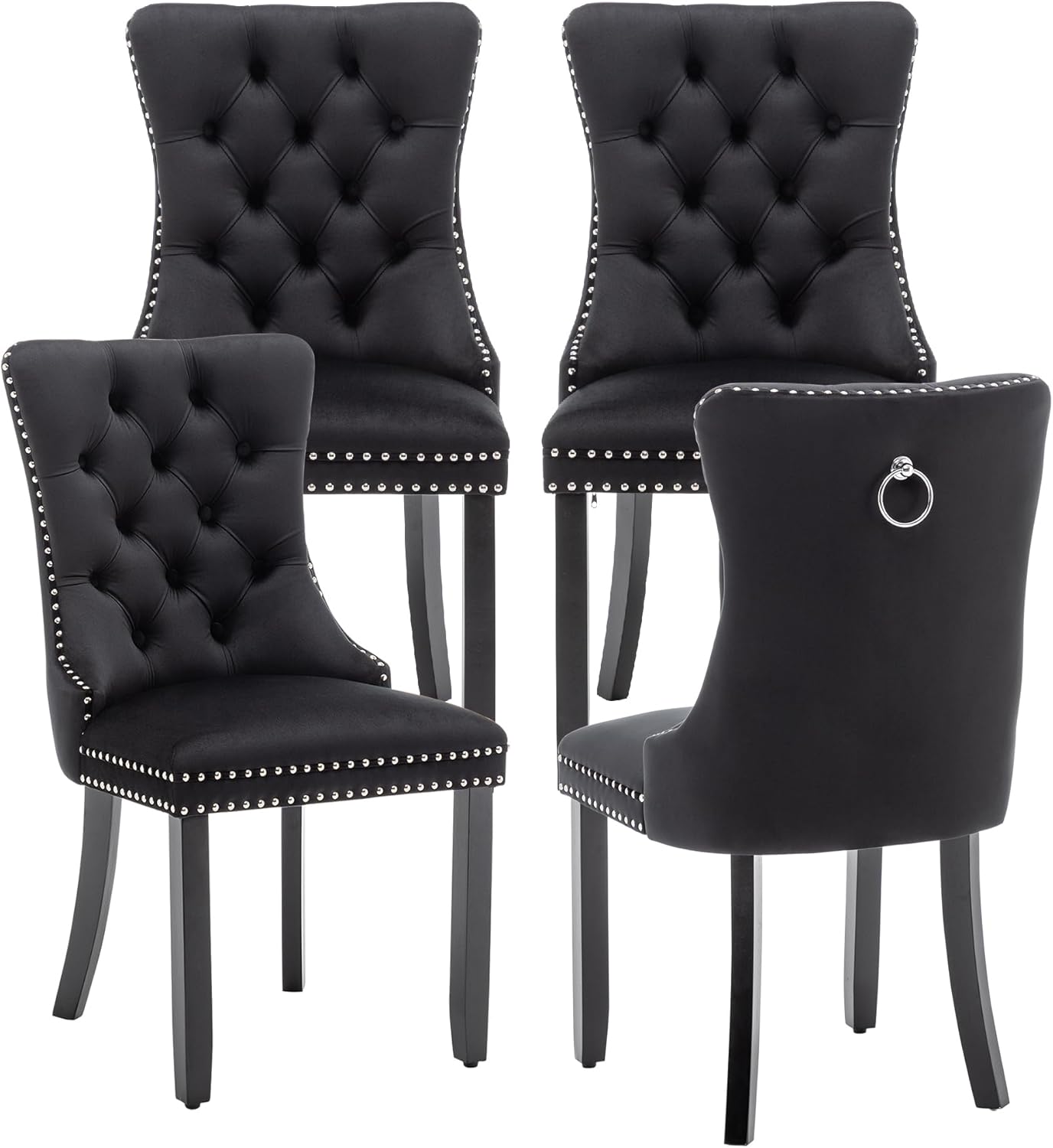 Kiztir Leather Dining Chairs Set of 6, Upholstered Dining Room Chair with Nailhead Trim and Solid Wood Legs, Luxury Wingback Dining Side Chair for Living Room, Bedroom, Kitchen (Beige)