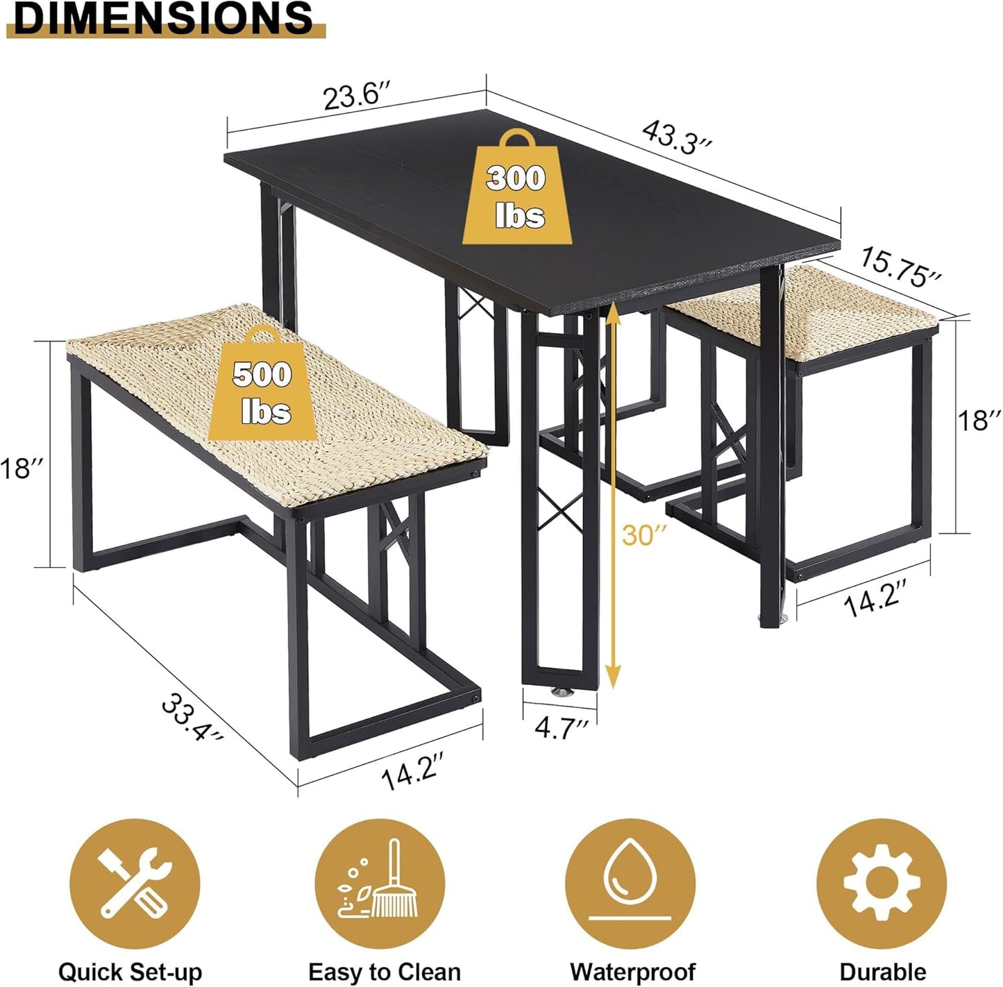 VECELO 43.3" Dining Table Sets, Farmhouse Kitchen Table for 4 with 3 Seats & Wicker Seat Cushions,Metal Frame Space-Saving Adjustable Feets Coffee Table for Home Kitchen Dining, Pitch Black