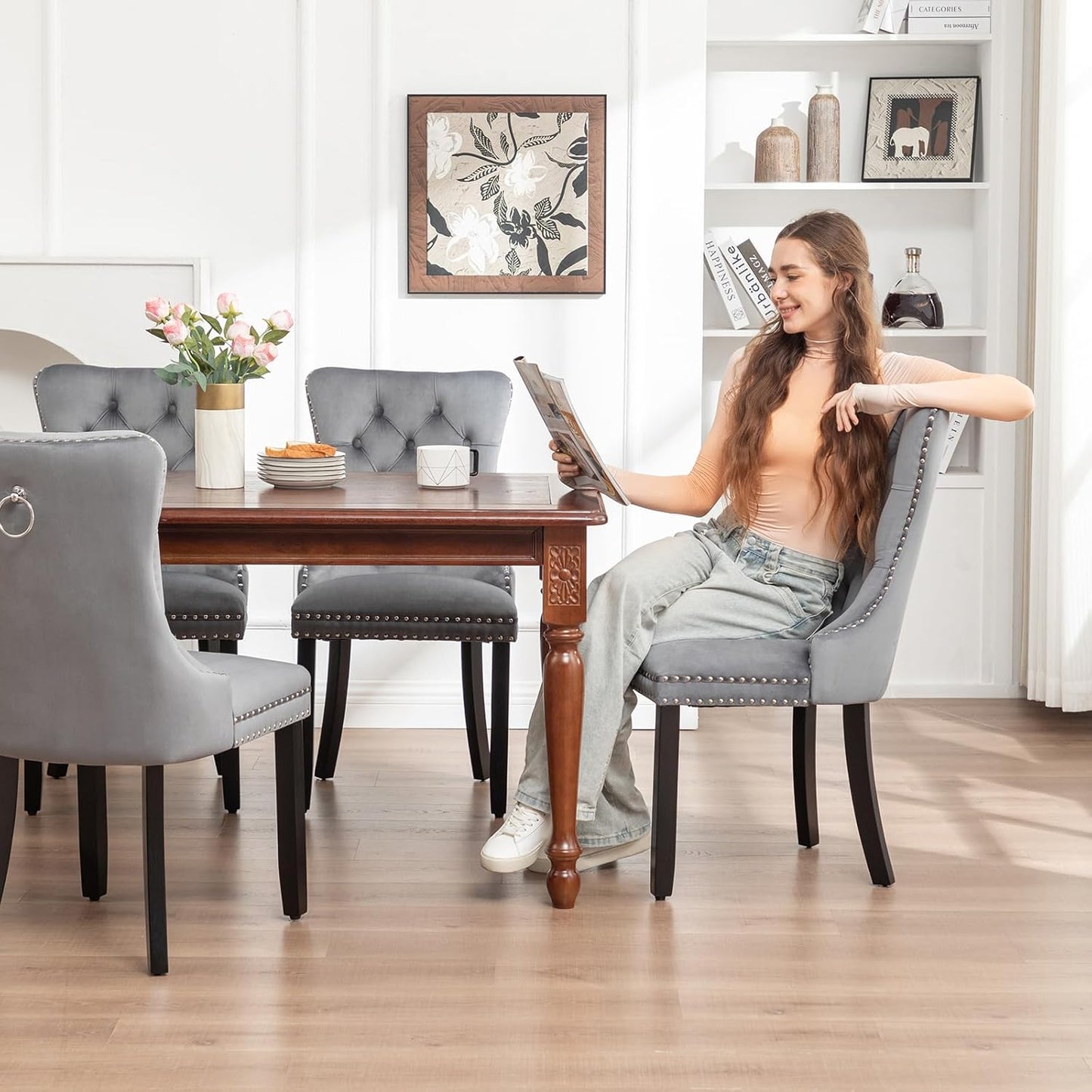 Velvet Dining Chairs Set of 6,Upholstered Dining Chairs with Ring Pull Trim and Button Back,Modern Seating for Kitchen, Bedroom & Living Room(Grey)