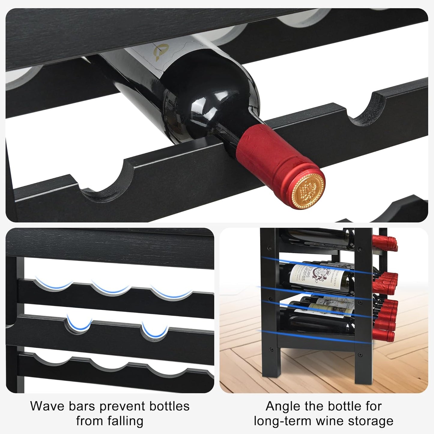 VASMIA 42 Bottles Bamboo Wine Rack,7-Tier Wine Rack Freestanding Floor with Table Top, Wine Storage Shelf for Kitchen Dining Room Bar,Black