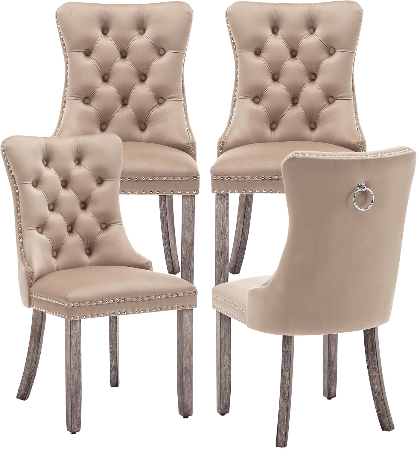Kiztir Leather Dining Chairs Set of 6, Upholstered Dining Room Chair with Nailhead Trim and Solid Wood Legs, Luxury Wingback Dining Side Chair for Living Room, Bedroom, Kitchen (Beige)