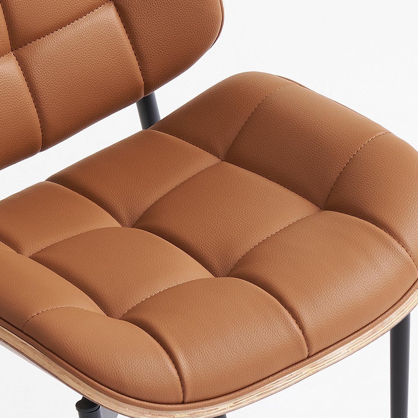 Mid Century Modern Dining Chairs with Walnut Grain Back, Brown Faux Leather Dining Room Chairs Set of 4, Checkered Soft Cushion Kitchen Chairs with Adjustable Foot Pads