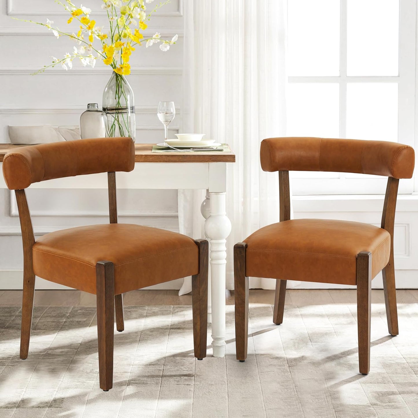 Faux Leather Dining Chairs Set of 4 Upholstered Kitchen & Dining Room Wooden Chairs Mid Century Modern Dining Chairs Low Back, Beige