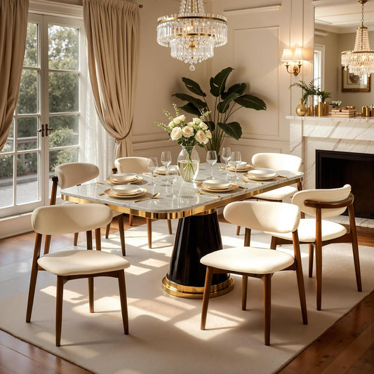 CHUN YI Dining Chairs Set of 6, Upholstered Solid Wood Dining Room Chairs, Mid Century Modern Fabric Kitchen Side Chairs with Ergonomic Curved Back, Beige