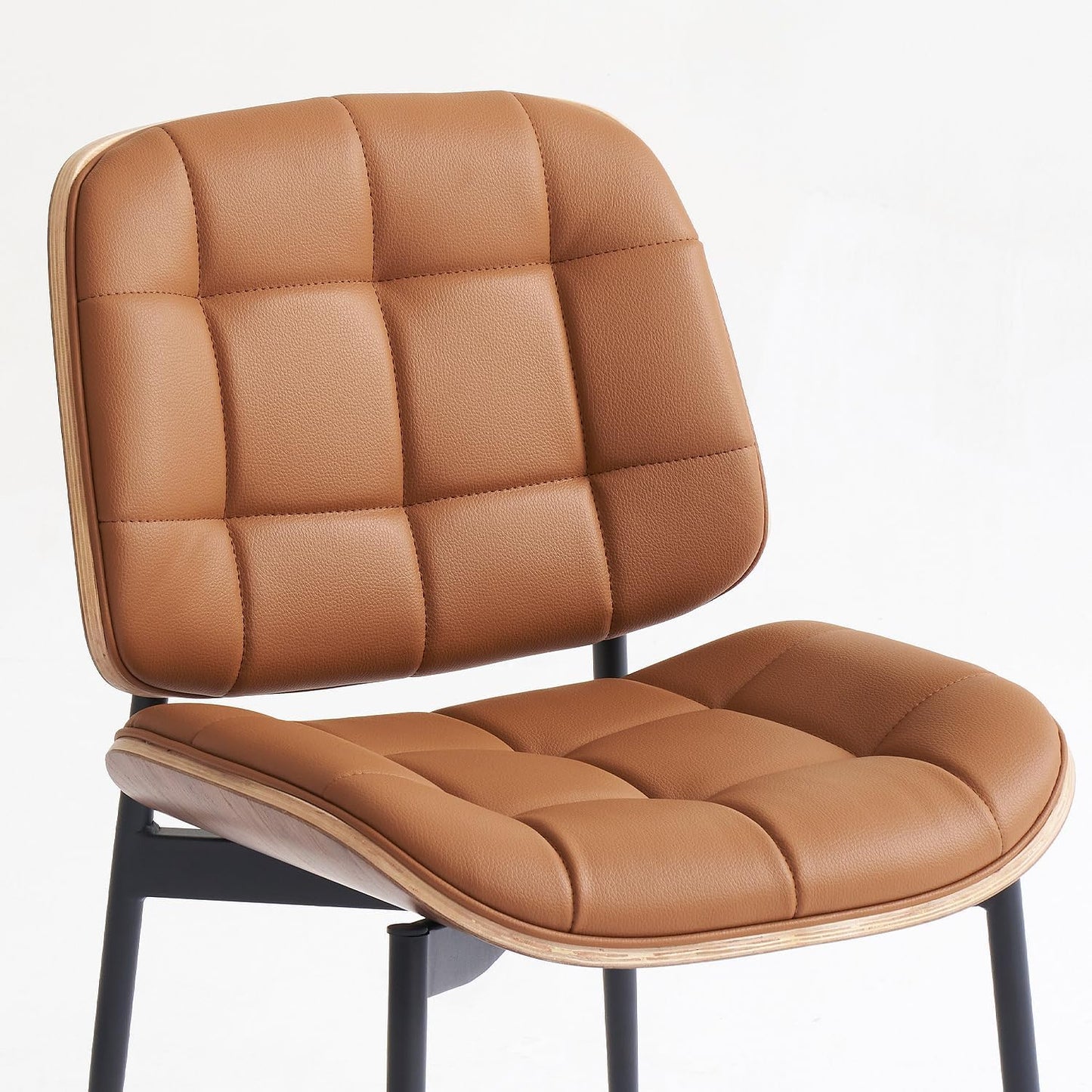 Mid Century Modern Dining Chairs with Walnut Grain Back, Brown Faux Leather Dining Room Chairs Set of 4, Checkered Soft Cushion Kitchen Chairs with Adjustable Foot Pads