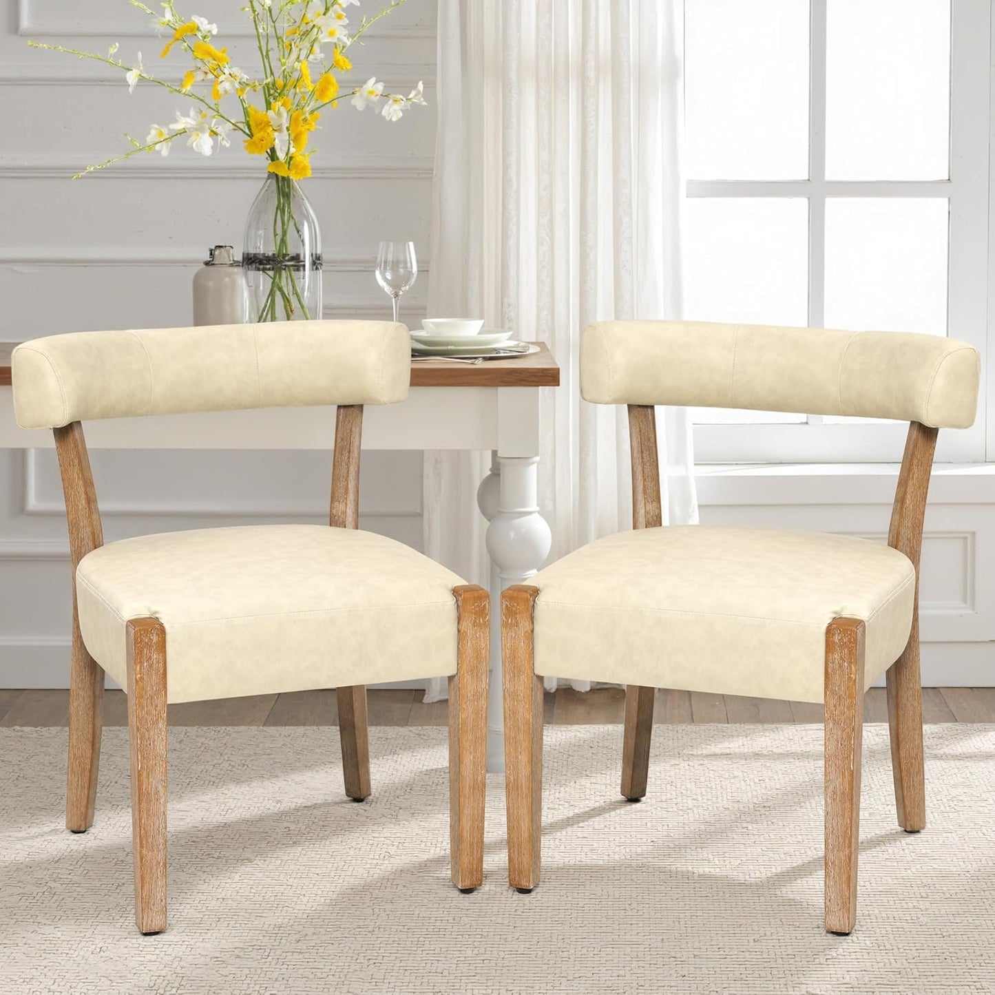Faux Leather Dining Chairs Set of 4 Upholstered Kitchen & Dining Room Wooden Chairs Mid Century Modern Dining Chairs Low Back, Beige