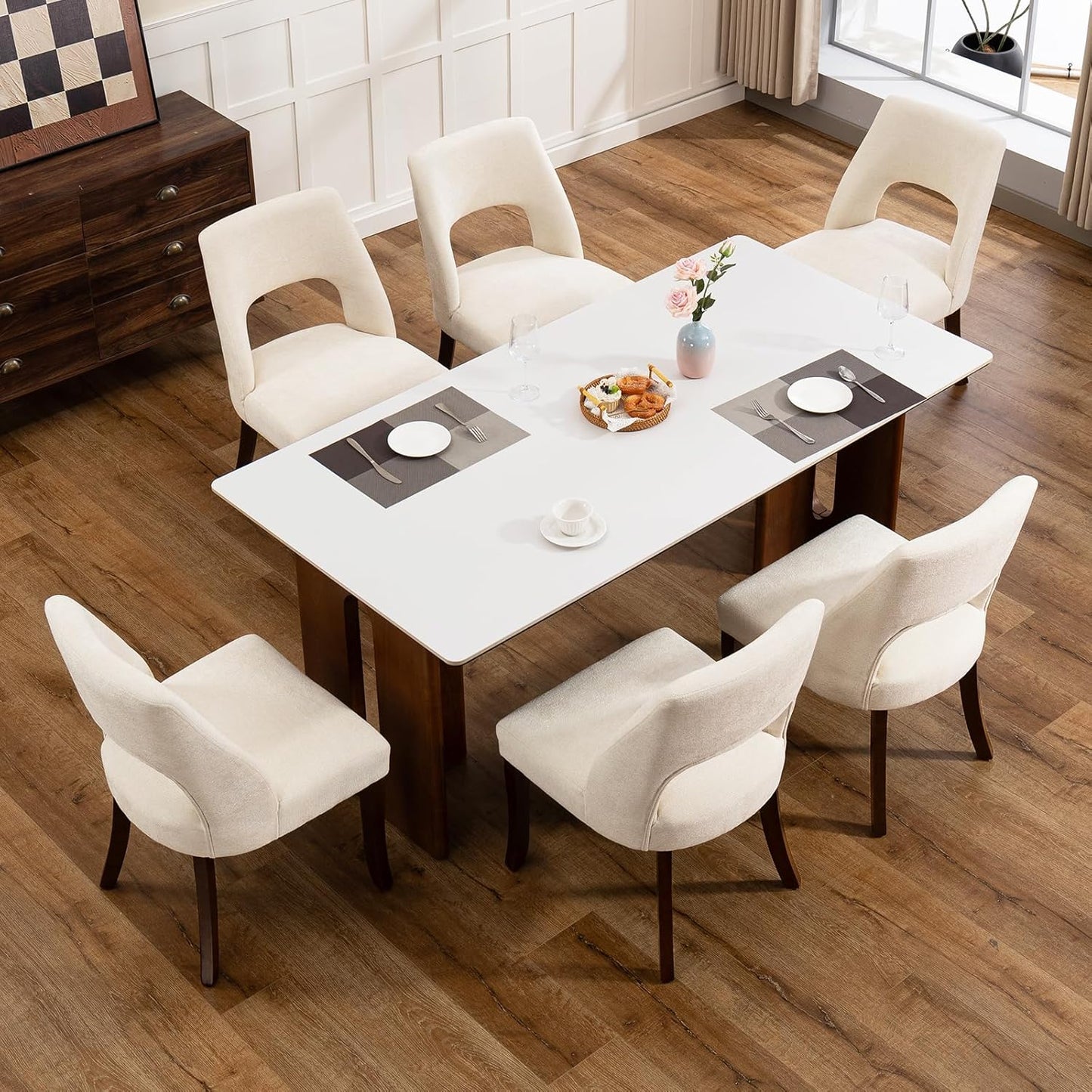 Wooden Dining Chairs Set of 4, Modern Fabric Upholstered Kitchen and Dining Room Chairs, Farmhouse Dining Chair with Solid Wood Legs, Beige