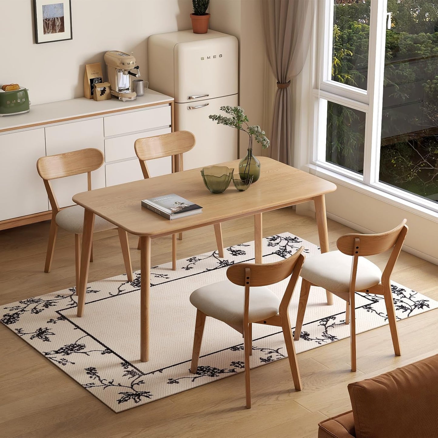100% Solid Oak Dining Chairs, Mid Century Modern Dining Chair with Curved Backrest, Fabric Upholstered Dining Chairs for Kitchen, Study, Living Room (4, Original Wood-Pear White Cushion)