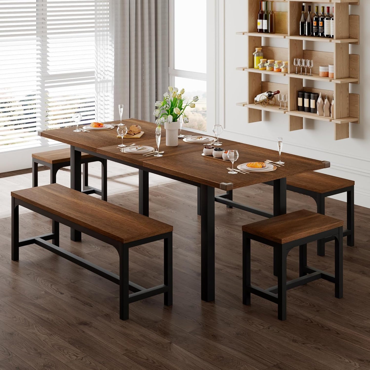 Feonase 5-Piece Dining Table Set for 4-8 People, 63" Large Extendable Kitchen Table Set with 2 Benches and 2 Square Stools, Dining Room Table with MDF Wood Board, Easy Assembly, Black