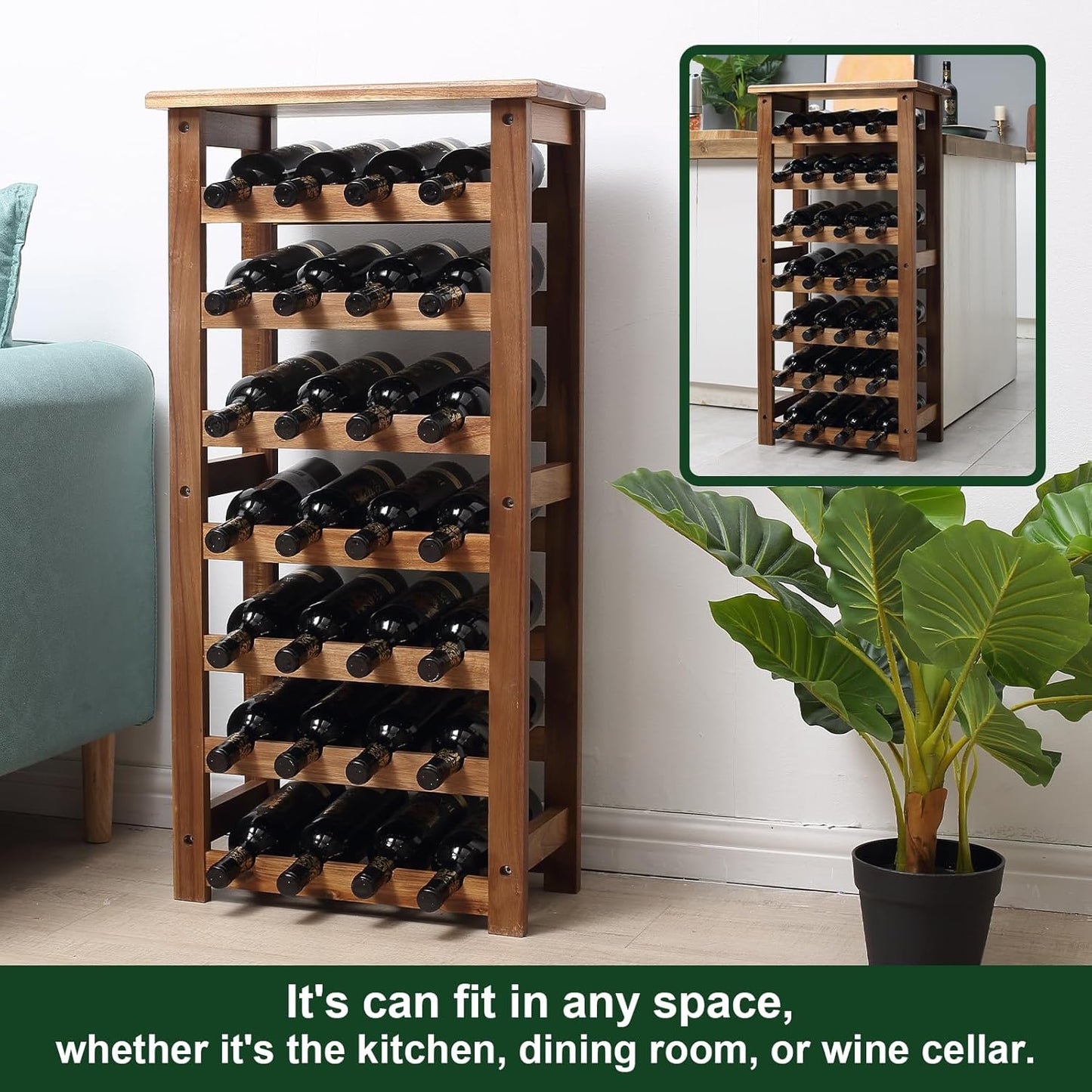 everous Wooden Wine Rack, 7 Tire Floor Wine Storage Rack, 28 Bottles Holder, Free Standing Display Rack for Kitchen, Pantry, Cellar, Natural Free Standing Floor Wine Rack