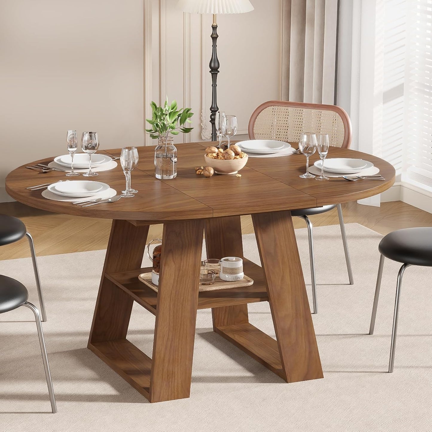 43.3in-59in Extendable Round Dining Table for 4-8,Modern Kitchen Oval Dining Table with Removable Leaves Space Saving,Wood Base with Storage Shelf for Kitchen Living Room (Walnut)
